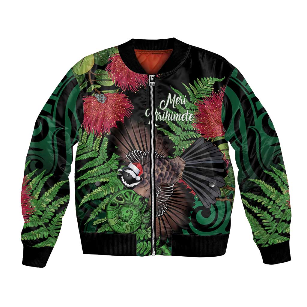 Meri Kirihimete New Zealand Bomber Jacket Piwakawaka Koru Fern Mix Pohutukawa - Aussie Hoodie