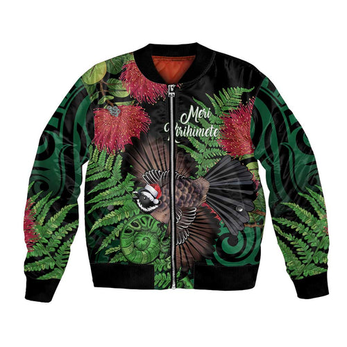 Meri Kirihimete New Zealand Bomber Jacket Piwakawaka Koru Fern Mix Pohutukawa - Aussie Hoodie