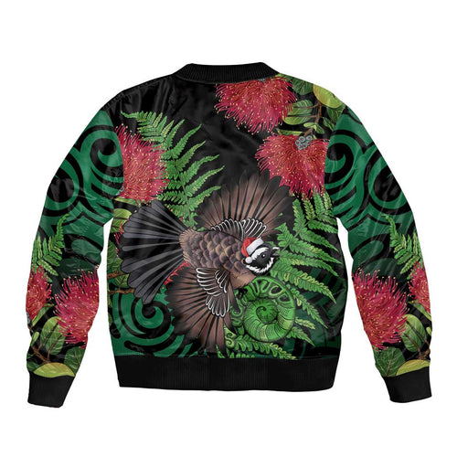 Meri Kirihimete New Zealand Bomber Jacket Piwakawaka Koru Fern Mix Pohutukawa - Aussie Hoodie
