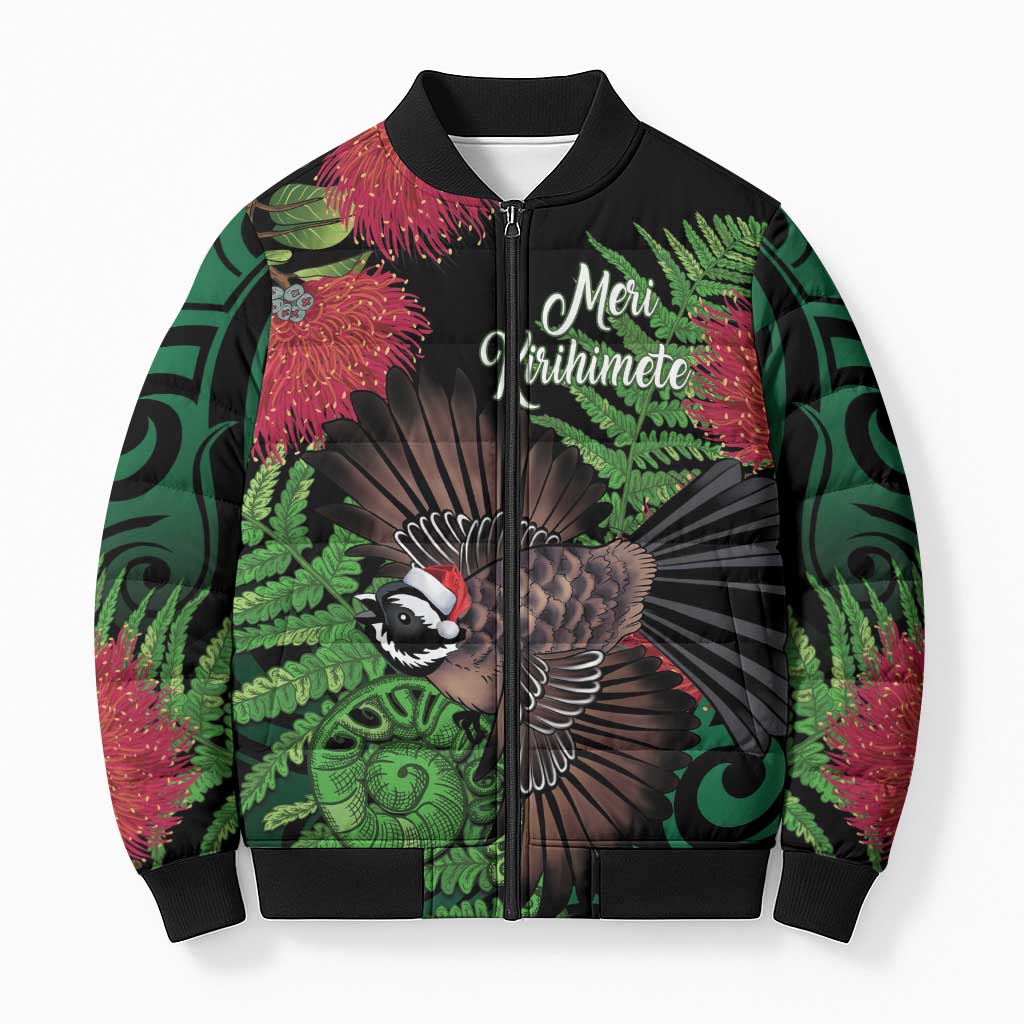 Meri Kirihimete New Zealand Bomber Puffer Jacket Piwakawaka Koru Fern Mix Pohutukawa - Aussie Hoodie