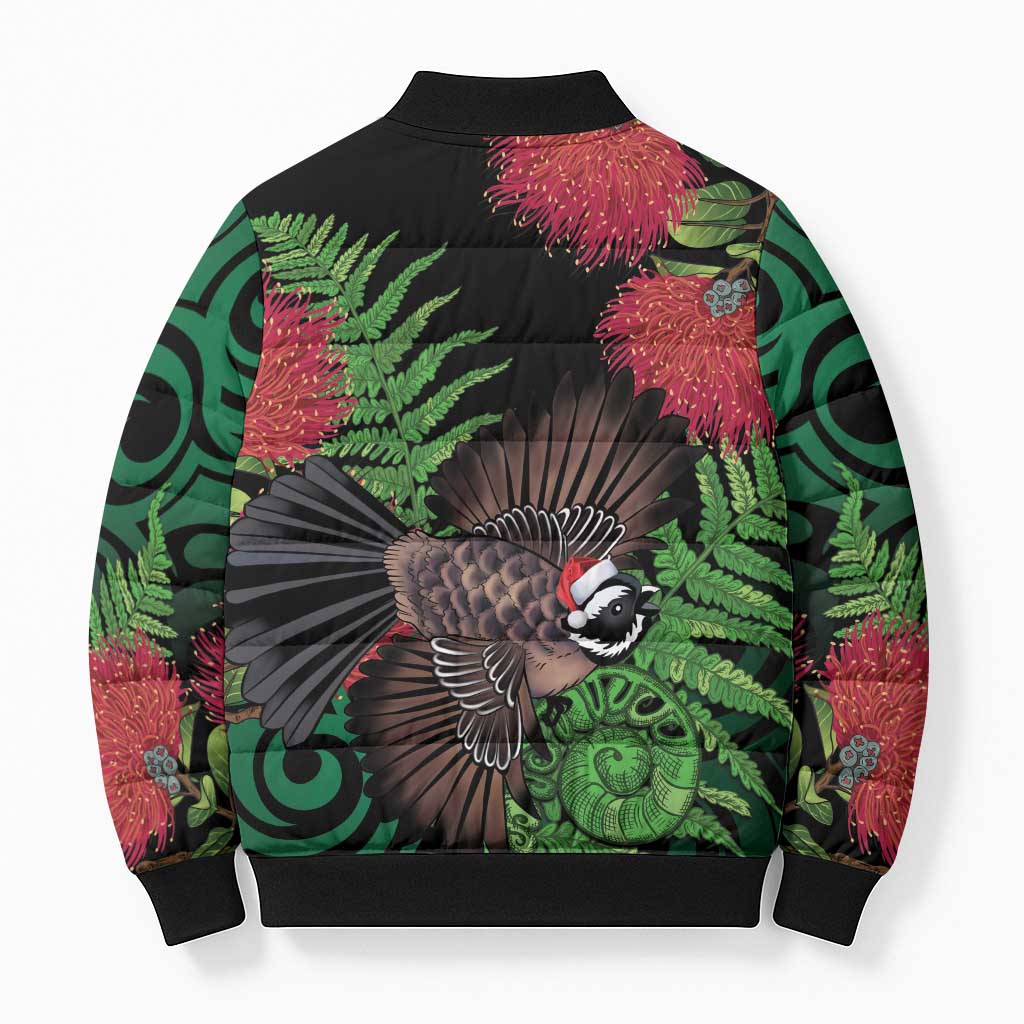 Meri Kirihimete New Zealand Bomber Puffer Jacket Piwakawaka Koru Fern Mix Pohutukawa - Aussie Hoodie