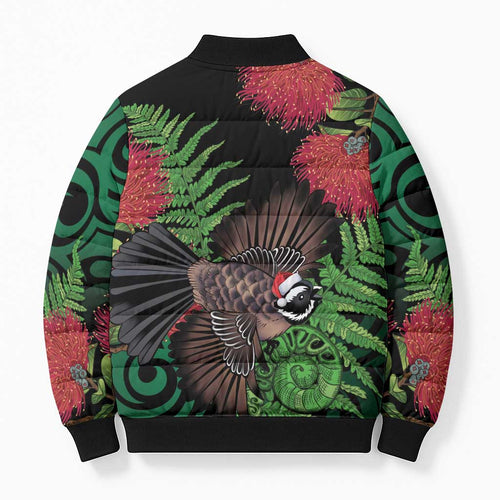 Meri Kirihimete New Zealand Bomber Puffer Jacket Piwakawaka Koru Fern Mix Pohutukawa - Aussie Hoodie
