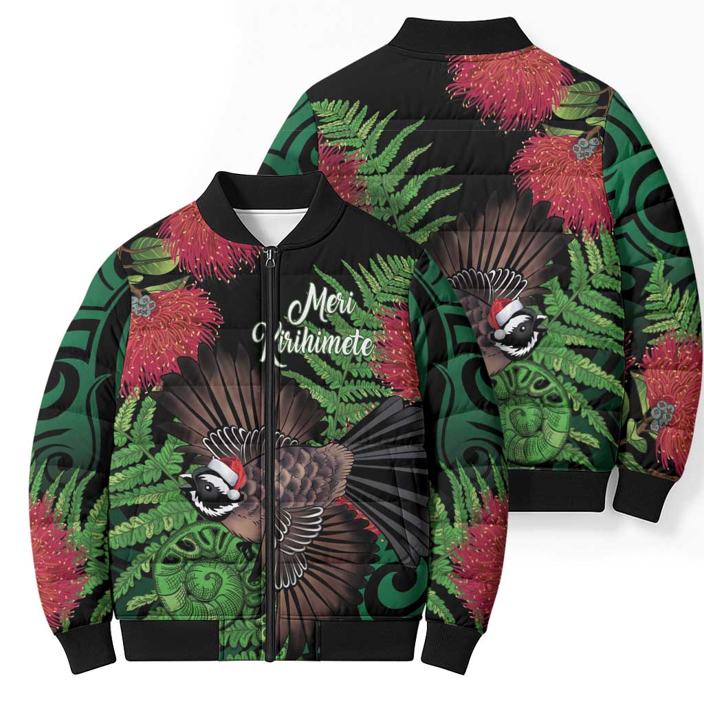 Meri Kirihimete New Zealand Bomber Puffer Jacket Piwakawaka Koru Fern Mix Pohutukawa - Aussie Hoodie