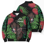 Meri Kirihimete New Zealand Bomber Puffer Jacket Piwakawaka Koru Fern Mix Pohutukawa - Aussie Hoodie