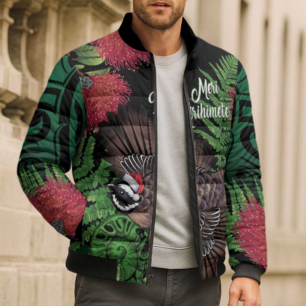 Meri Kirihimete New Zealand Bomber Puffer Jacket Piwakawaka Koru Fern Mix Pohutukawa - Aussie Hoodie