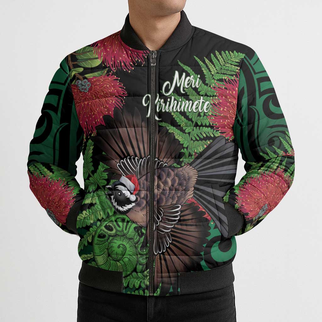 Meri Kirihimete New Zealand Bomber Puffer Jacket Piwakawaka Koru Fern Mix Pohutukawa - Aussie Hoodie