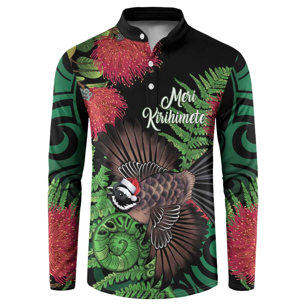 Meri Kirihimete New Zealand Button Sweatshirt Piwakawaka Koru Fern Mix Pohutukawa - Aussie Hoodie