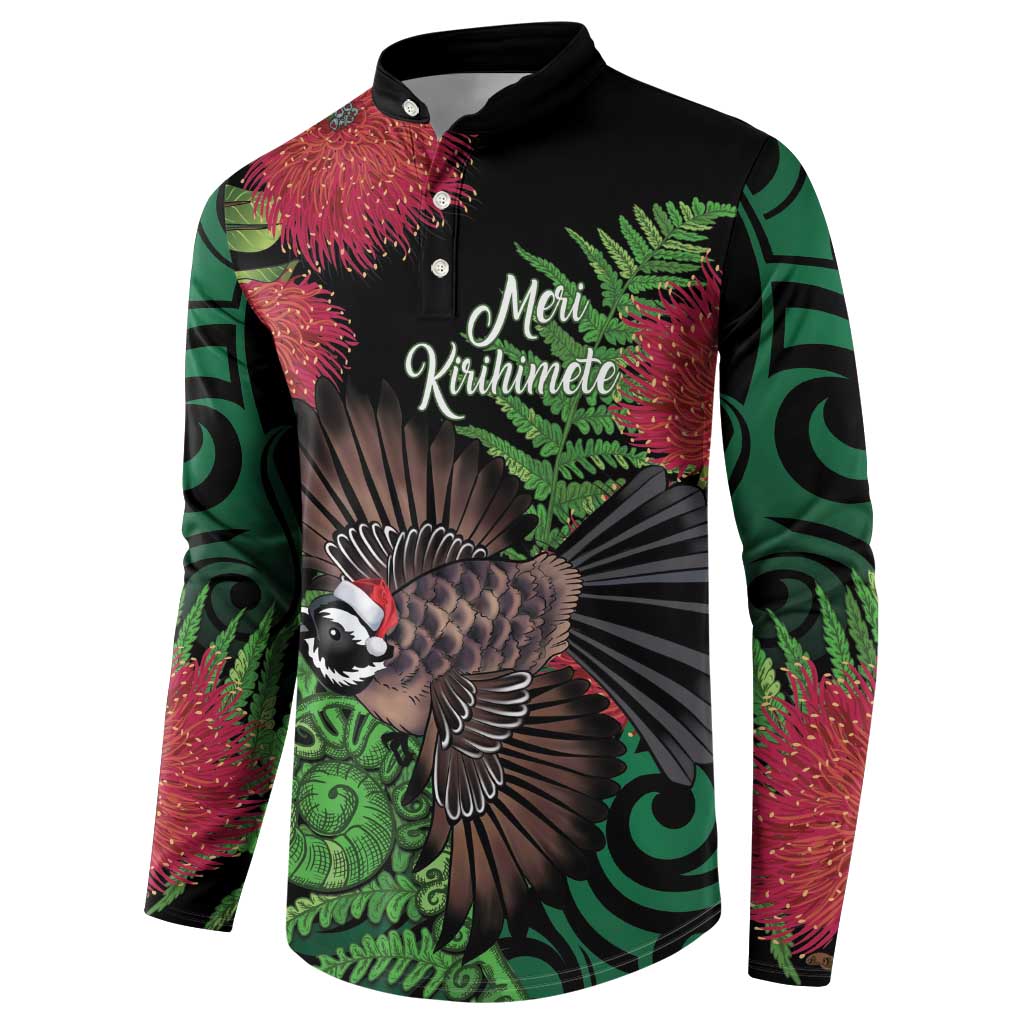 Meri Kirihimete New Zealand Button Sweatshirt Piwakawaka Koru Fern Mix Pohutukawa - Aussie Hoodie