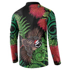 Meri Kirihimete New Zealand Button Sweatshirt Piwakawaka Koru Fern Mix Pohutukawa - Aussie Hoodie