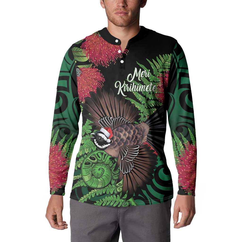 Meri Kirihimete New Zealand Button Sweatshirt Piwakawaka Koru Fern Mix Pohutukawa - Aussie Hoodie