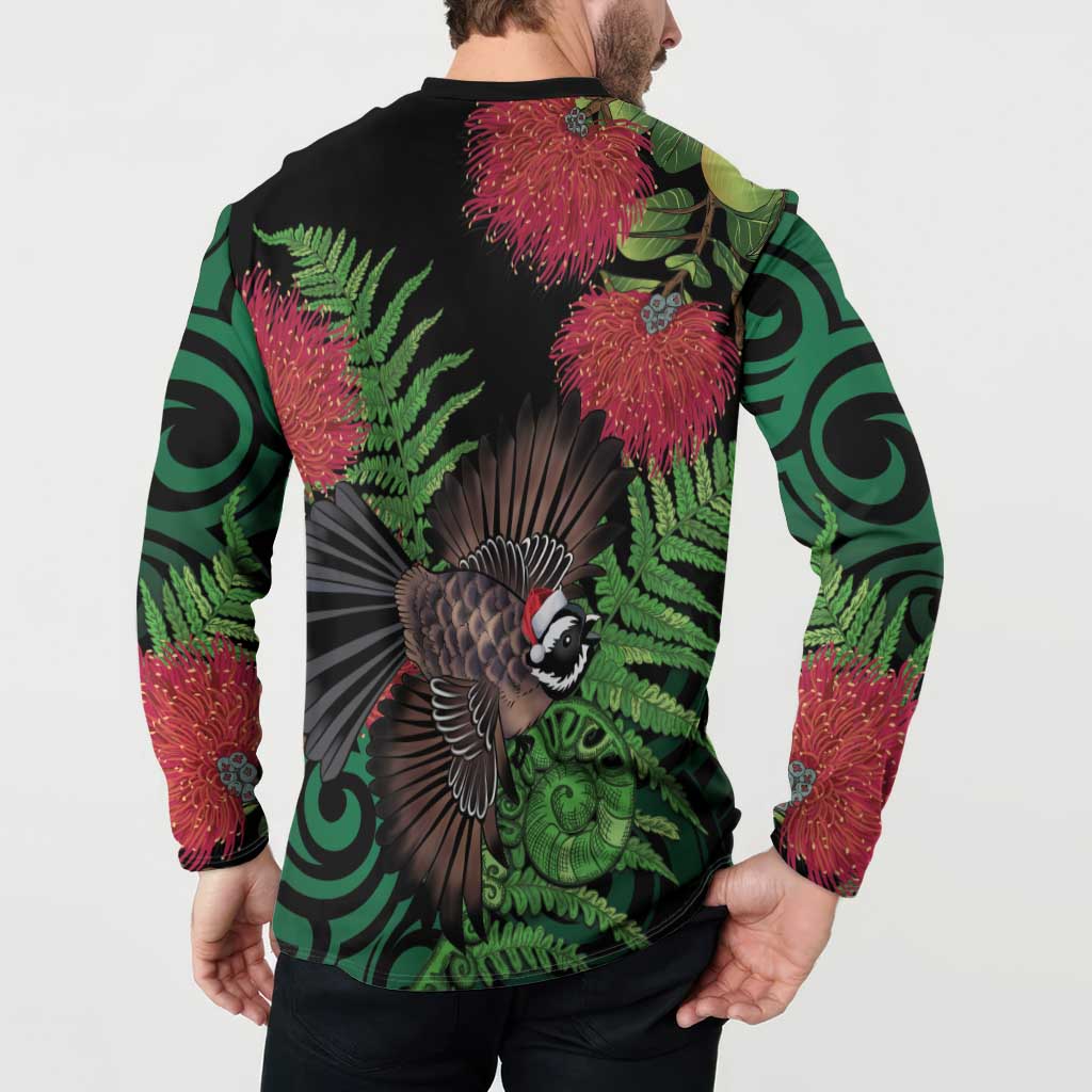 Meri Kirihimete New Zealand Button Sweatshirt Piwakawaka Koru Fern Mix Pohutukawa - Aussie Hoodie