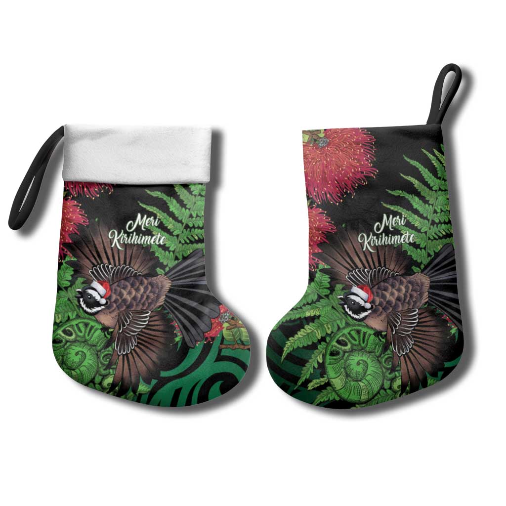 Meri Kirihimete New Zealand Christmas Stocking Piwakawaka Koru Fern Mix Pohutukawa - Aussie Hoodie