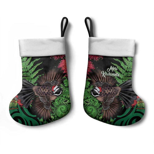 Meri Kirihimete New Zealand Christmas Stocking Piwakawaka Koru Fern Mix Pohutukawa - Aussie Hoodie