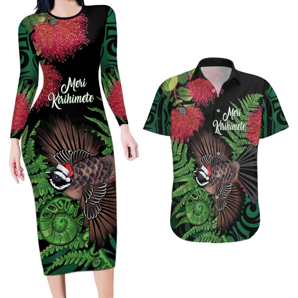 Meri Kirihimete New Zealand Couples Matching Long Sleeve Bodycon Dress and Hawaiian Shirt Piwakawaka Koru Fern Mix Pohutukawa - Aussie Hoodie