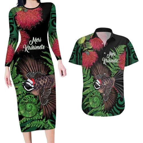 Meri Kirihimete New Zealand Couples Matching Long Sleeve Bodycon Dress and Hawaiian Shirt Piwakawaka Koru Fern Mix Pohutukawa - Aussie Hoodie