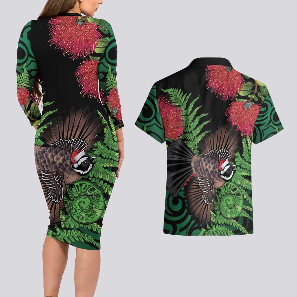 Meri Kirihimete New Zealand Couples Matching Long Sleeve Bodycon Dress and Hawaiian Shirt Piwakawaka Koru Fern Mix Pohutukawa - Aussie Hoodie