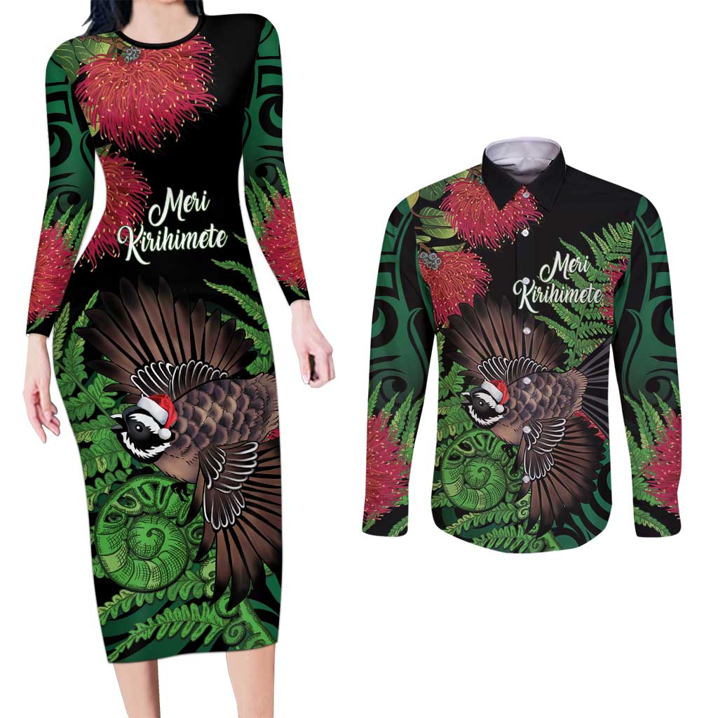 Meri Kirihimete New Zealand Couples Matching Long Sleeve Bodycon Dress and Long Sleeve Button Shirt Piwakawaka Koru Fern Mix Pohutukawa - Aussie Hoodie