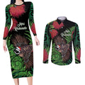 Meri Kirihimete New Zealand Couples Matching Long Sleeve Bodycon Dress and Long Sleeve Button Shirt Piwakawaka Koru Fern Mix Pohutukawa - Aussie Hoodie