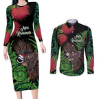 Meri Kirihimete New Zealand Couples Matching Long Sleeve Bodycon Dress and Long Sleeve Button Shirt Piwakawaka Koru Fern Mix Pohutukawa - Aussie Hoodie