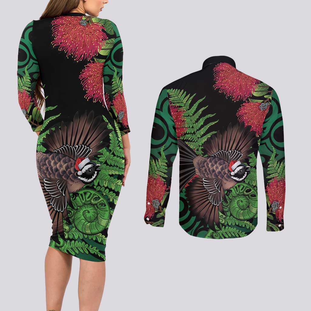 Meri Kirihimete New Zealand Couples Matching Long Sleeve Bodycon Dress and Long Sleeve Button Shirt Piwakawaka Koru Fern Mix Pohutukawa - Aussie Hoodie