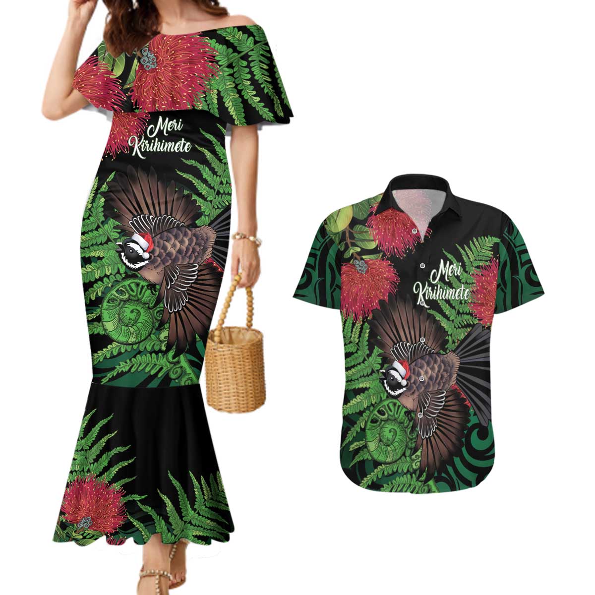 Meri Kirihimete New Zealand Couples Matching Mermaid Dress and Hawaiian Shirt Piwakawaka Koru Fern Mix Pohutukawa - Aussie Hoodie