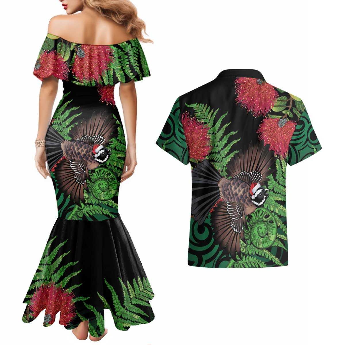 Meri Kirihimete New Zealand Couples Matching Mermaid Dress and Hawaiian Shirt Piwakawaka Koru Fern Mix Pohutukawa - Aussie Hoodie