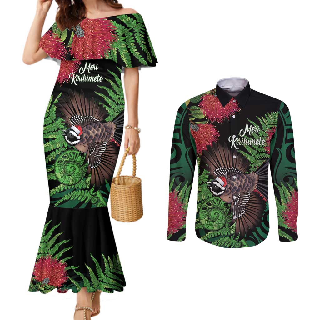 Meri Kirihimete New Zealand Couples Matching Mermaid Dress and Long Sleeve Button Shirt Piwakawaka Koru Fern Mix Pohutukawa - Aussie Hoodie