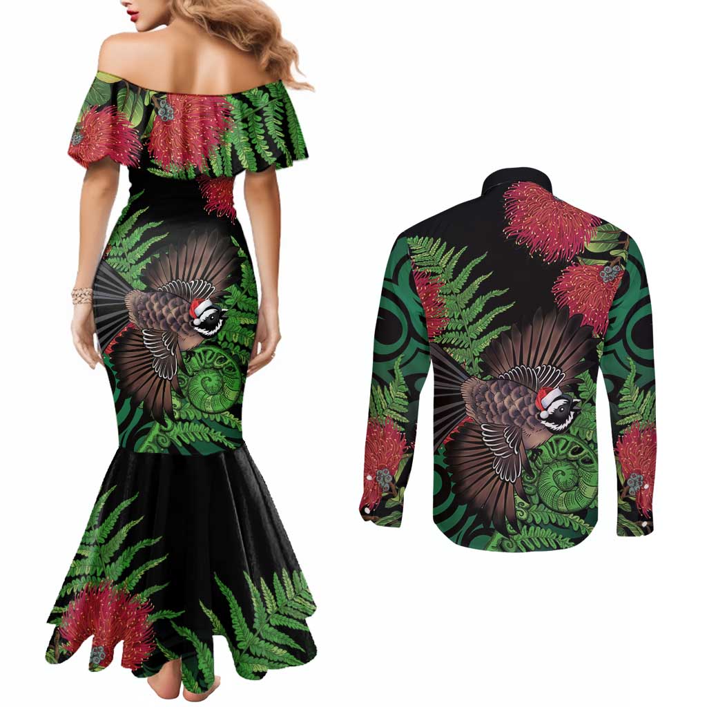 Meri Kirihimete New Zealand Couples Matching Mermaid Dress and Long Sleeve Button Shirt Piwakawaka Koru Fern Mix Pohutukawa - Aussie Hoodie