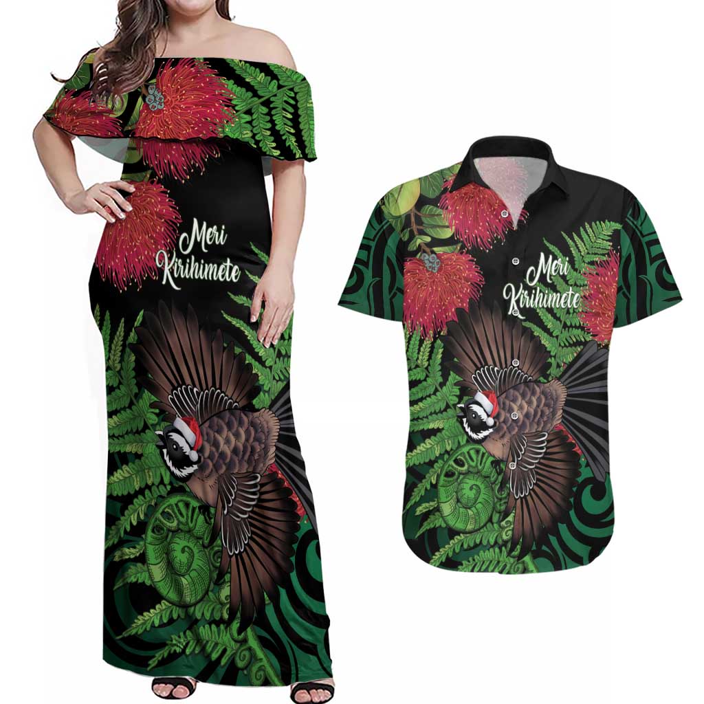 Meri Kirihimete New Zealand Couples Matching Off Shoulder Maxi Dress and Hawaiian Shirt Piwakawaka Koru Fern Mix Pohutukawa - Aussie Hoodie