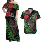 Meri Kirihimete New Zealand Couples Matching Off Shoulder Maxi Dress and Hawaiian Shirt Piwakawaka Koru Fern Mix Pohutukawa - Aussie Hoodie