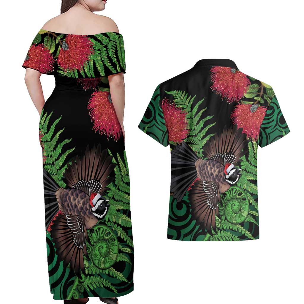 Meri Kirihimete New Zealand Couples Matching Off Shoulder Maxi Dress and Hawaiian Shirt Piwakawaka Koru Fern Mix Pohutukawa - Aussie Hoodie