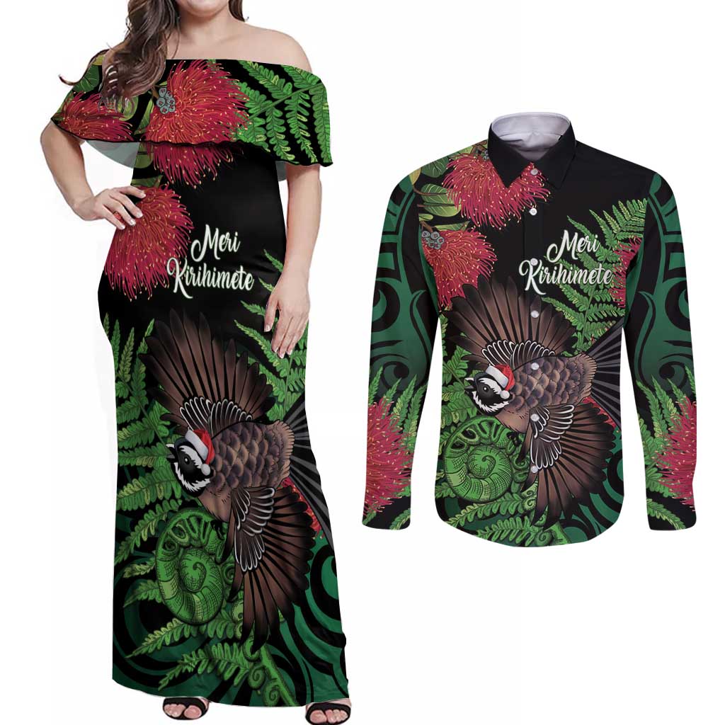 Meri Kirihimete New Zealand Couples Matching Off Shoulder Maxi Dress and Long Sleeve Button Shirt Piwakawaka Koru Fern Mix Pohutukawa - Aussie Hoodie