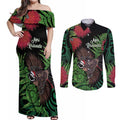 Meri Kirihimete New Zealand Couples Matching Off Shoulder Maxi Dress and Long Sleeve Button Shirt Piwakawaka Koru Fern Mix Pohutukawa - Aussie Hoodie