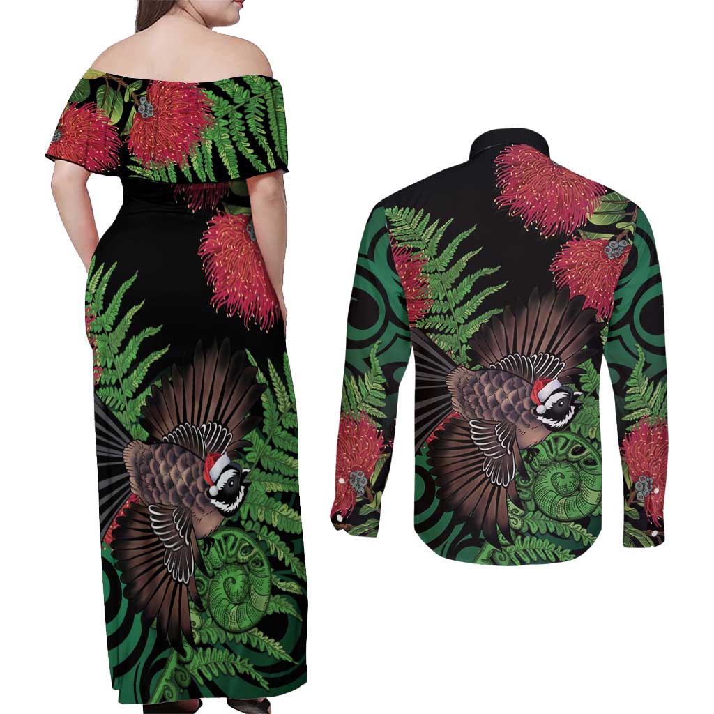 Meri Kirihimete New Zealand Couples Matching Off Shoulder Maxi Dress and Long Sleeve Button Shirt Piwakawaka Koru Fern Mix Pohutukawa - Aussie Hoodie