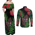 Meri Kirihimete New Zealand Couples Matching Off Shoulder Maxi Dress and Long Sleeve Button Shirt Piwakawaka Koru Fern Mix Pohutukawa - Aussie Hoodie