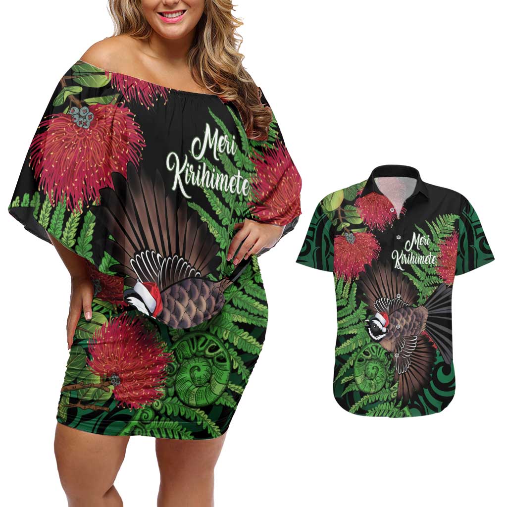 Meri Kirihimete New Zealand Couples Matching Off Shoulder Short Dress and Hawaiian Shirt Piwakawaka Koru Fern Mix Pohutukawa - Aussie Hoodie