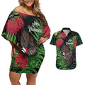 Meri Kirihimete New Zealand Couples Matching Off Shoulder Short Dress and Hawaiian Shirt Piwakawaka Koru Fern Mix Pohutukawa - Aussie Hoodie