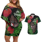 Meri Kirihimete New Zealand Couples Matching Off Shoulder Short Dress and Hawaiian Shirt Piwakawaka Koru Fern Mix Pohutukawa - Aussie Hoodie
