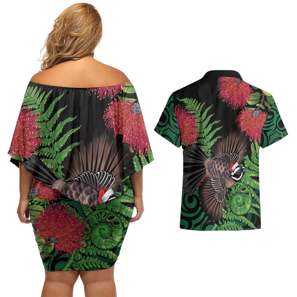 Meri Kirihimete New Zealand Couples Matching Off Shoulder Short Dress and Hawaiian Shirt Piwakawaka Koru Fern Mix Pohutukawa - Aussie Hoodie