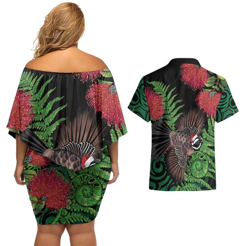 Meri Kirihimete New Zealand Couples Matching Off Shoulder Short Dress and Hawaiian Shirt Piwakawaka Koru Fern Mix Pohutukawa - Aussie Hoodie