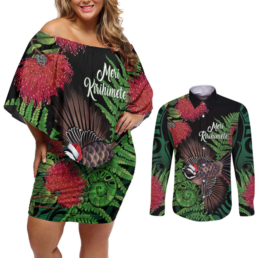 Meri Kirihimete New Zealand Couples Matching Off Shoulder Short Dress and Long Sleeve Button Shirt Piwakawaka Koru Fern Mix Pohutukawa - Aussie Hoodie