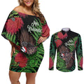 Meri Kirihimete New Zealand Couples Matching Off Shoulder Short Dress and Long Sleeve Button Shirt Piwakawaka Koru Fern Mix Pohutukawa - Aussie Hoodie