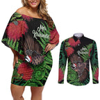 Meri Kirihimete New Zealand Couples Matching Off Shoulder Short Dress and Long Sleeve Button Shirt Piwakawaka Koru Fern Mix Pohutukawa - Aussie Hoodie