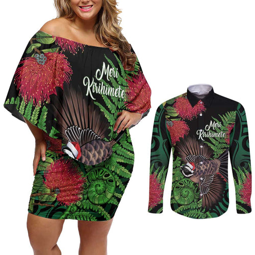 Meri Kirihimete New Zealand Couples Matching Off Shoulder Short Dress and Long Sleeve Button Shirt Piwakawaka Koru Fern Mix Pohutukawa - Aussie Hoodie