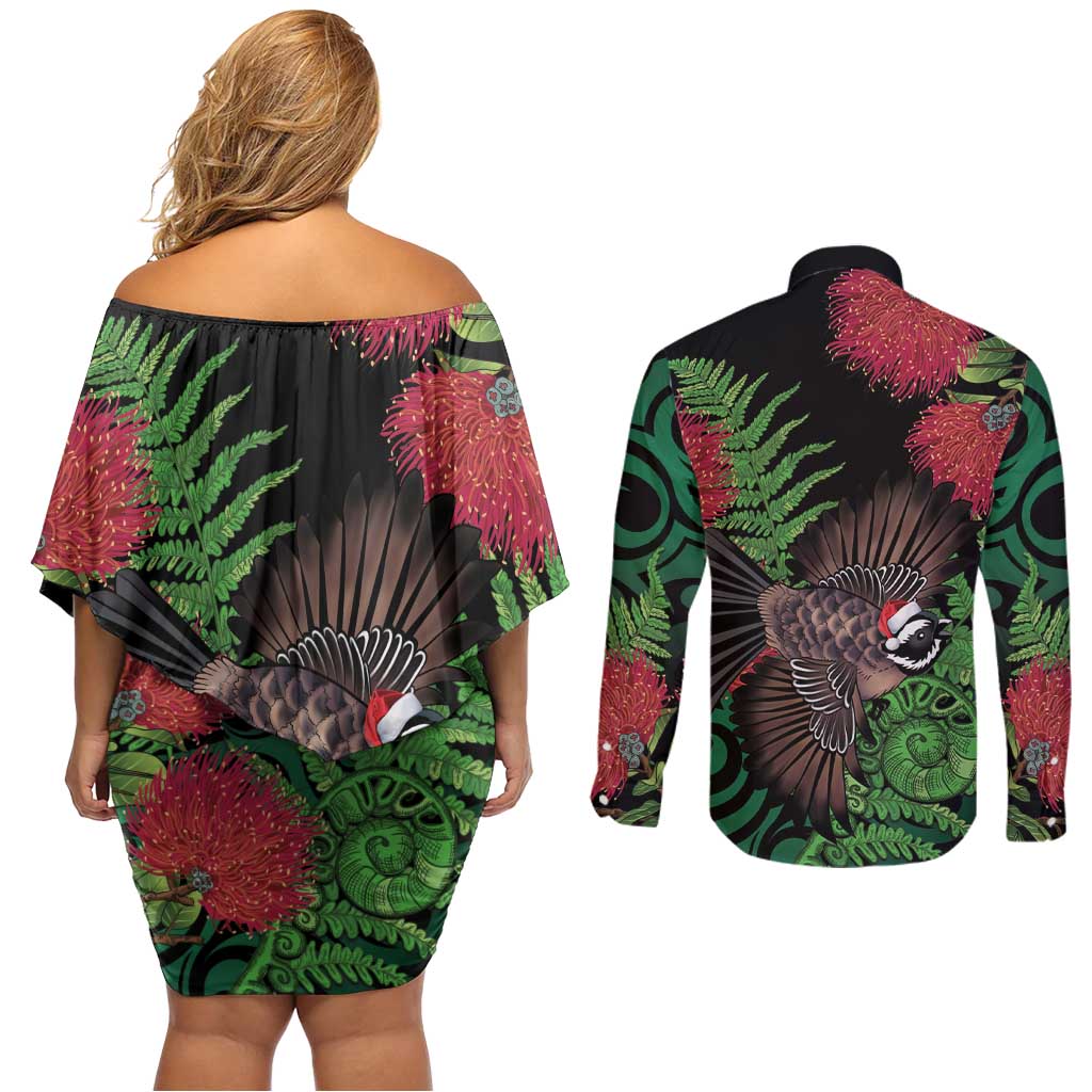 Meri Kirihimete New Zealand Couples Matching Off Shoulder Short Dress and Long Sleeve Button Shirt Piwakawaka Koru Fern Mix Pohutukawa - Aussie Hoodie