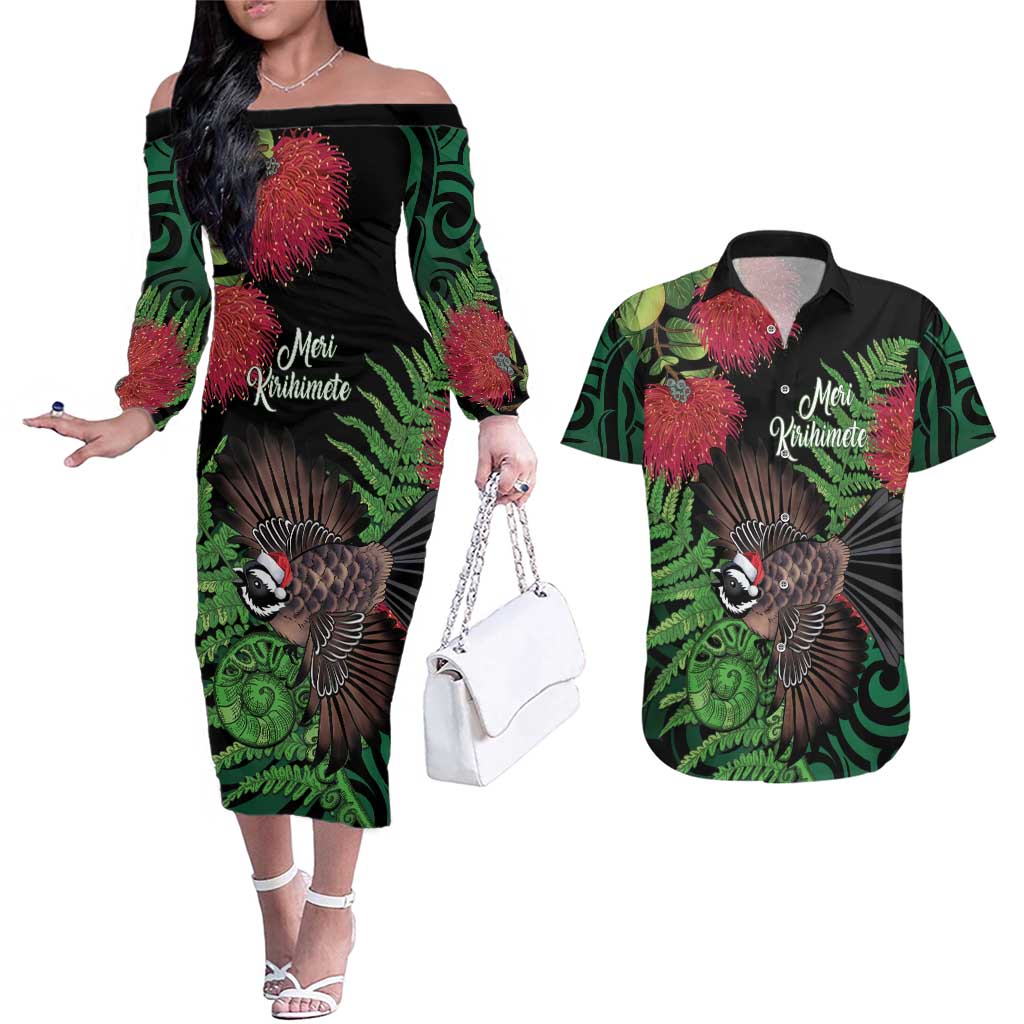 Meri Kirihimete New Zealand Couples Matching Off The Shoulder Long Sleeve Dress and Hawaiian Shirt Piwakawaka Koru Fern Mix Pohutukawa - Aussie Hoodie