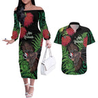 Meri Kirihimete New Zealand Couples Matching Off The Shoulder Long Sleeve Dress and Hawaiian Shirt Piwakawaka Koru Fern Mix Pohutukawa - Aussie Hoodie
