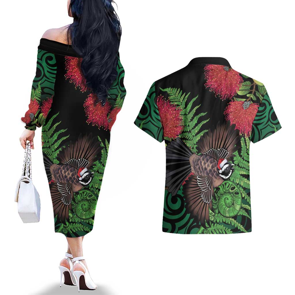 Meri Kirihimete New Zealand Couples Matching Off The Shoulder Long Sleeve Dress and Hawaiian Shirt Piwakawaka Koru Fern Mix Pohutukawa - Aussie Hoodie