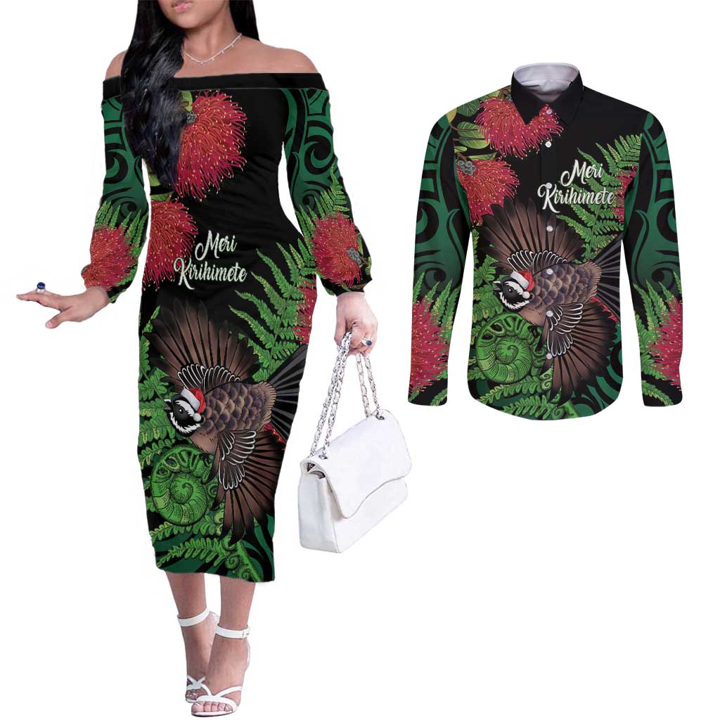 Meri Kirihimete New Zealand Couples Matching Off The Shoulder Long Sleeve Dress and Long Sleeve Button Shirt Piwakawaka Koru Fern Mix Pohutukawa - Aussie Hoodie