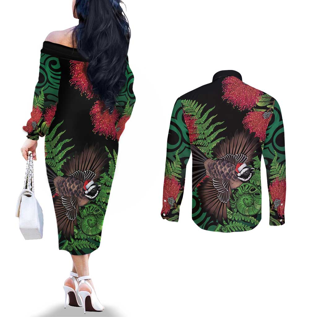 Meri Kirihimete New Zealand Couples Matching Off The Shoulder Long Sleeve Dress and Long Sleeve Button Shirt Piwakawaka Koru Fern Mix Pohutukawa - Aussie Hoodie